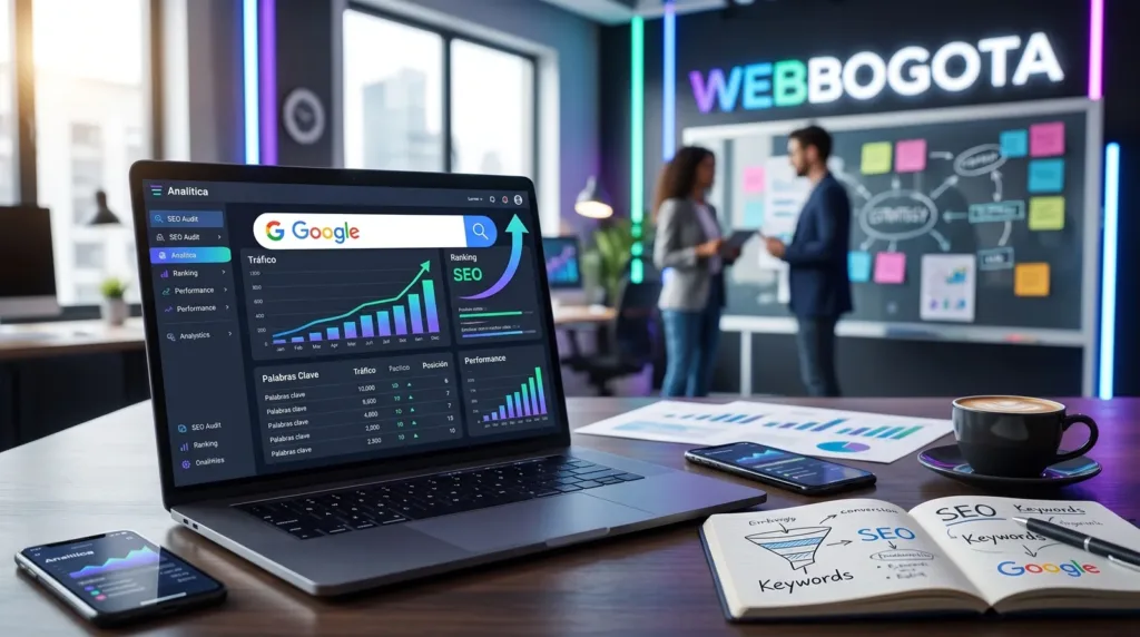 Especialista analizando métricas de posicionamiento SEO en Google.