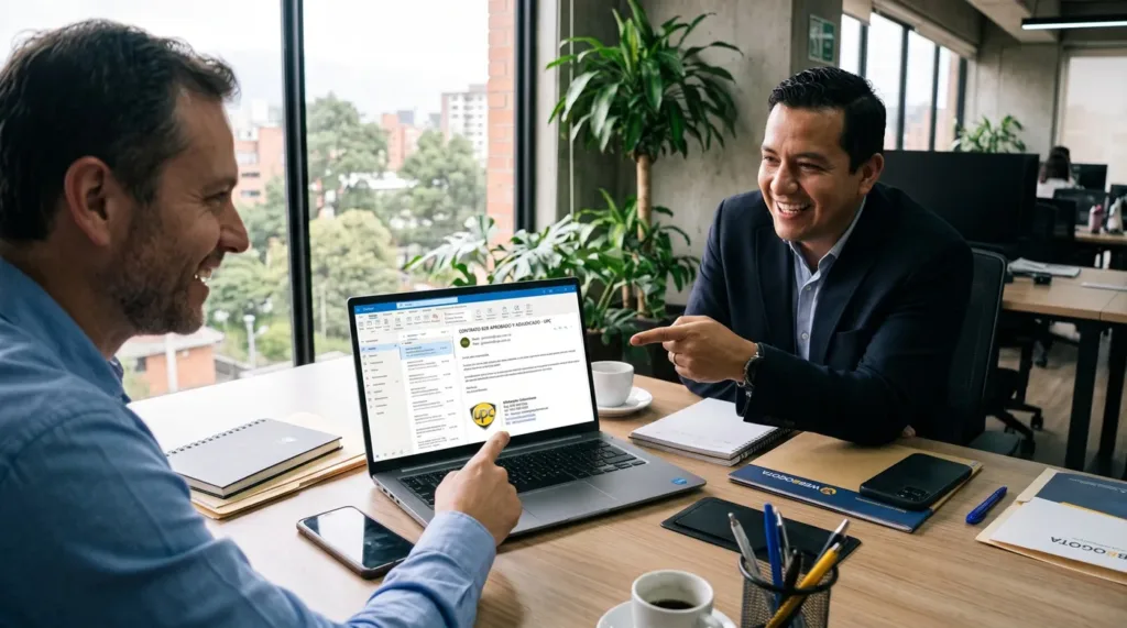 Personal de WEBBOGOTA y el gerente de UPC celebrando la aprobación de un gran contrato B2B en un portátil que muestra un correo corporativo oficial con el logo de la empresa