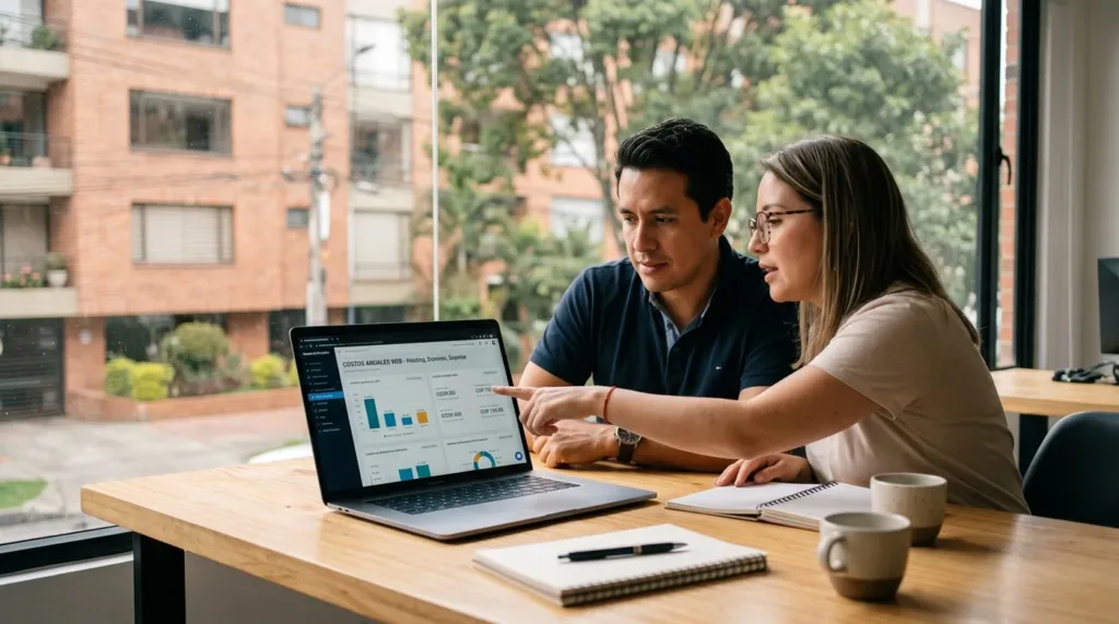 Empresario y asesora de digital revisando en una laptop los costos anuales de hosting, dominio y soporte para una página web en una oficina de Bogotá
