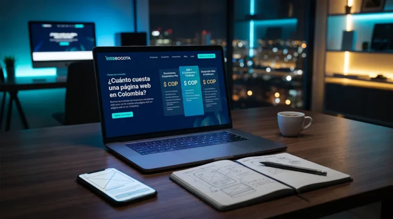 Pantalla de computadora portátil que muestra el análisis y los planes de precios para el diseño de una página web profesional en Colombia por la agencia WEBBOGOTA, sobre un escritorio de oficina con apuntes y un celular en un ambiente de desarrollo tecnológico de noche.