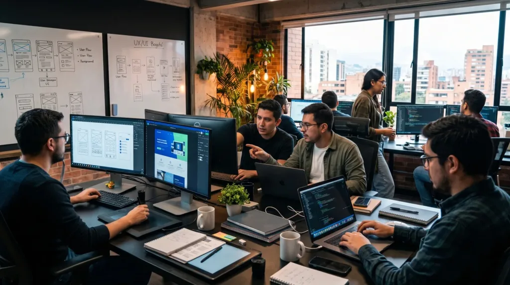 Equipo de desarrolladores programando el diseño de una página web en Bogotá