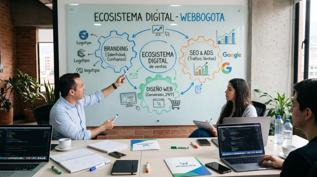 El equipo de WEBBOGOTA diseñando en un tablero un ecosistema digital integrado de branding, diseño web y SEO para una empresa colombiana