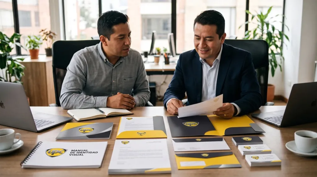 Diseñador Gráfico y un empresario en una oficina de Bogotá revisando la papelería, carpetas y el manual de identidad visual impreso de UPC creados por WEBBOGOTA