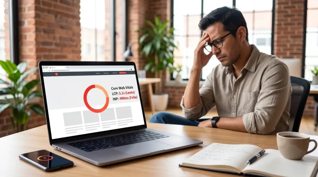 Empresario frustrado en su oficina frente a una laptop con página web lenta que muestra malas métricas de Core Web Vitals (LCP, INP) en rojo