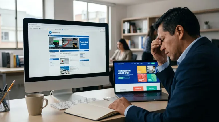 Empresario frustrado mirando una página web antigua y desactualizada en su celular, evidenciando la necesidad de un rediseño web